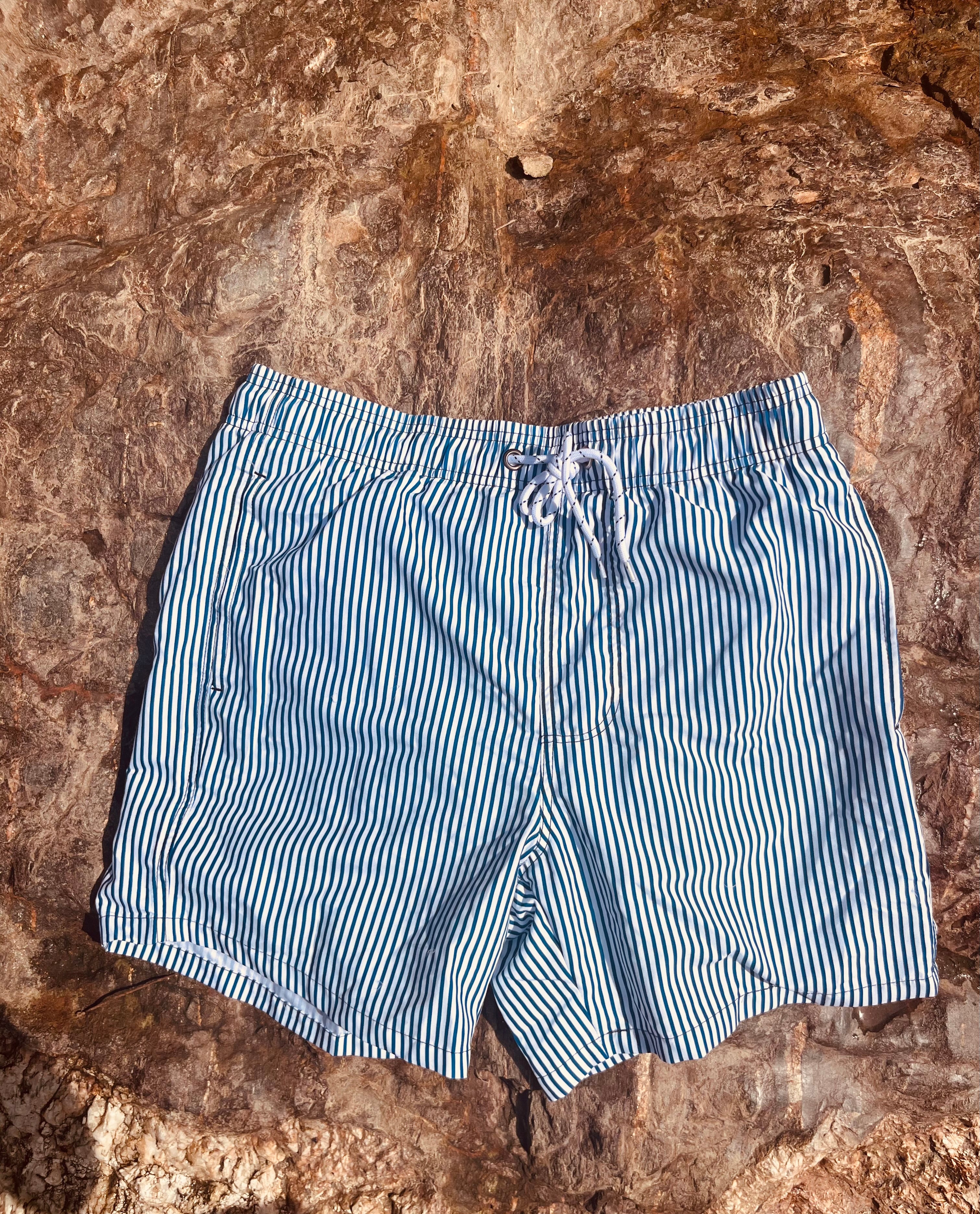 Front side of the Loa swimming shorts with blue with stripes. Zipped pockets. 